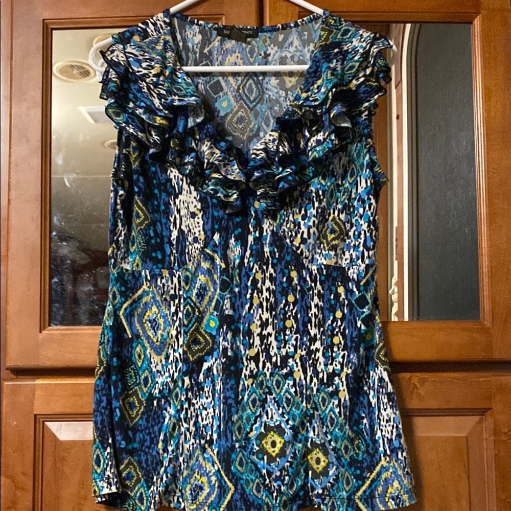 Susan Lawrence Blue and Black Abstract Small Ruffled Blouse Summer